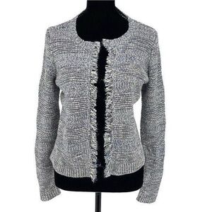Ann Taylor LOFT Blue White Knit Cardigan fringe Open Front Women’s